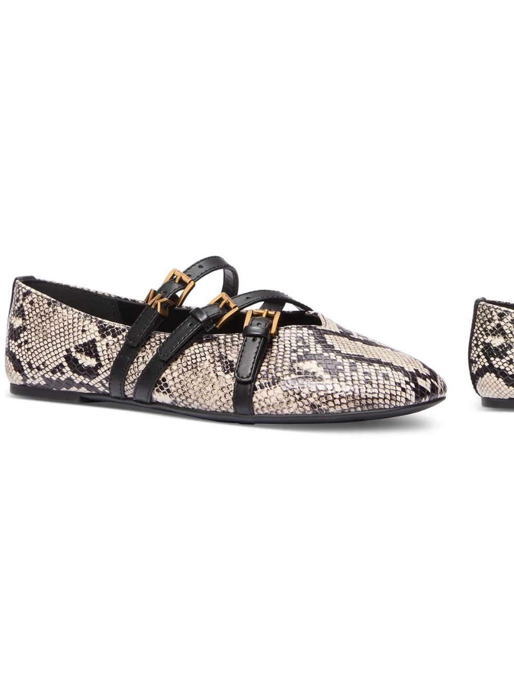 Michael Kors Snake-Print Cream & Black Mary Jane Flats with Triple Buckles